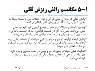 1-5‫ثقلی‬ ‫ریزش‬ ‫رانش‬ ‫مکانیسم‬
‫س‬ ‫دانسیته‬ ‫بین‬ ‫اختالف‬ ‫وجود‬ ‫اثر‬ ‫در‬ ‫نفتی‬ ‫مخازن‬ ‫در‬ ‫ثقلی‬ ‫رانش‬‫یاالت‬
‫می‬ ‫اتفاق‬ ‫مخزن‬‫اثر‬ ‫افتد‬‫نیروی‬‫های‬‫می‬ ‫اتفاق‬ ‫ثقلی‬‫افتد‬.
‫سیاالت‬ ‫استقرار‬ ‫وضعیت‬‫یم‬‫نیر‬ ‫تابع‬ ‫نیز‬ ‫هیدروکربوری‬ ‫مخزن‬‫وهای‬
‫می‬ ‫ثقلی‬‫باشد‬.‫ت‬ ‫قسمت‬ ‫در‬ ‫آب‬ ،‫فوقانی‬ ‫قسمت‬ ‫در‬ ‫گاز‬ ‫بطوریکه‬‫و‬ ‫حتانی‬
‫قسمت‬ ‫در‬ ‫و‬ ‫سیال‬ ‫دو‬ ‫این‬ ‫بین‬ ‫نفت‬‫میانس‬‫استقرار‬ ‫مخزن‬‫می‬‫یاب‬‫ند‬.
‫بدلیل‬‫زما‬ ‫فاصله‬ ‫در‬ ‫سیاالت‬ ‫این‬ ‫مهاجرت‬ ‫و‬ ‫تجمع‬ ‫فرآیند‬ ‫اینکه‬‫زیاد‬ ‫نی‬
‫است‬ ‫شده‬ ‫انجام‬.‫ا‬ ‫از‬ ‫پس‬ ‫سیاالت‬ ‫این‬ ‫که‬ ‫است‬ ‫این‬ ‫بر‬ ‫فرض‬ ‫غالبا‬‫ستقرار‬
‫دارند‬ ‫قرار‬ ‫تعادل‬ ‫حالت‬ ‫در‬.
‫وجو‬ ‫مخازن‬ ‫اغلب‬ ‫در‬ ‫بیش‬ ‫و‬ ‫کم‬ ‫بصورت‬ ‫سیاالت‬ ‫ثقلی‬ ‫تفکیک‬‫دارد‬ ‫د‬
‫مخازن‬ ‫از‬ ‫برخی‬ ‫در‬ ‫بطوریکه‬‫بعنوان‬‫نظ‬ ‫در‬ ‫تولیدی‬ ‫عوامل‬ ‫از‬ ‫یکی‬‫ر‬
‫می‬ ‫گرفته‬‫شود‬. .
‫بهار‬93 ‫دو‬ ‫مخزن‬ ‫مهندسی‬ ‫درس‬ 144
 