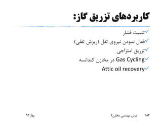 ‫گاز‬ ‫تزریق‬ ‫کاربردهای‬:
‫فشار‬ ‫تثبیت‬
‫ثقل‬ ‫نیروی‬ ‫نمودن‬ ‫فعال‬(‫ثقلی‬ ‫ریزش‬)
‫امتزاجی‬ ‫تزریق‬
Gas Cycling‫کندانسه‬ ‫مخازن‬ ‫در‬
Attic oil recovery
‫بهار‬93 ‫مخازن‬ ‫مهندسی‬ ‫درس‬2 184
 