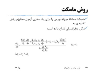 ‫ماسکت‬ ‫روش‬
‫ماسکت‬‫معادلة‬‫موازنة‬‫رانش‬ ‫مکانیزم‬ ‫آزمون‬ ‫مخزن‬ ‫یک‬ ‫برای‬ ‫را‬ ‫جرمی‬
‫تخلیه‬‫ای‬‫به‬
‫شکل‬‫دیفرانسیلی‬‫است‬ ‫داده‬ ‫نشان‬:
‫بهار‬93 ‫دو‬ ‫مخزن‬ ‫مهندسی‬ ‫درس‬ 279
 