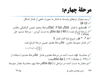 ‫چهارم‬ ‫مرحلة‬:
‫نمودار‬ ‫رسم‬‫ترم‬‫های‬‫فشار‬ ‫از‬ ‫تابعی‬ ‫صورت‬ ‫به‬ ‫فشار‬ ‫به‬ ‫وابسته‬(‫شکل‬
‫؛‬(8-12
‫؛‬p‫فشار‬ ‫با‬ ‫منطبق‬Z(p)‫و‬Y (p)،Z(p)‫پنجم‬ ‫مرحلة‬:‫تعیین‬‫گرافیکی‬‫مقادیر‬
‫از‬‫درجة‬‫نفت‬ ‫اشباع‬(ΔSo Δp ) 49 )‫آوردن‬ ‫دست‬ ‫به‬ ‫و‬-‫ششم‬ ‫مرحلة‬:‫حل‬
‫معادلة‬(12
* o‫؛‬p *‫شروع‬ ‫در‬‫بازة‬‫فشار‬ ‫افت‬S
‫مخزن‬ ‫متوسط‬ ‫فشار‬ ‫در‬:So‫هفتم‬ ‫مرحلة‬:‫تعیین‬‫درجة‬‫نفت‬ ‫اشباع‬
‫و‬‫محاسبة‬p‫فشار‬ ‫و‬ ‫هفتم‬ ‫مرحلة‬ ‫در‬ ‫آمده‬ ‫دست‬ ‫به‬So‫هشتم‬ ‫مرحلة‬:‫از‬ ‫استفاده‬
‫؛‬(49-‫با‬‫معادلة‬(12(ΔSo Δp )‫مجدد‬
‫مراحل‬ ‫در‬ ‫آمده‬ ‫دست‬ ‫به‬ ‫مقدار‬ ‫دو‬(ΔSo Δp )‫نهم‬ ‫مرحلة‬:‫محاسبة‬‫متوسط‬ ‫مقدار‬
‫بهار‬93 ‫دو‬ ‫مخزن‬ ‫مهندسی‬ ‫درس‬ 282
 