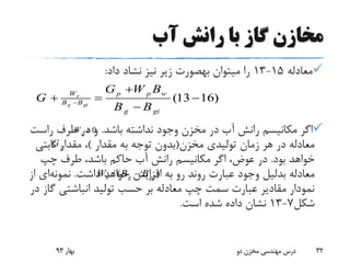 ‫آب‬ ‫رانش‬ ‫با‬ ‫گاز‬ ‫مخازن‬
‫معادله‬15-13‫نیز‬ ‫زیر‬ ‫بهصورت‬ ‫میتوان‬ ‫را‬‫نشاد‬‫داد‬:
‫باشد‬ ‫نداشته‬ ‫وجود‬ ‫مخزن‬ ‫در‬ ‫آب‬ ‫رانش‬ ‫مکانیسم‬ ‫اگر‬.‫راس‬ ‫طرف‬ ‫در‬ ‫و‬‫ت‬
‫مخزن‬ ‫تولیدی‬ ‫زمان‬ ‫هر‬ ‫در‬ ‫معادله‬(‫مقدار‬ ‫به‬ ‫توجه‬ ‫بدون‬)‫ثابت‬ ‫مقدار‬ ،‫ی‬
‫بود‬ ‫خواهد‬.‫چپ‬ ‫طرف‬ ،‫باشد‬ ‫حاکم‬ ‫آب‬ ‫رانش‬ ‫مکانیسم‬ ‫اگر‬ ،‫عوض‬ ‫در‬
‫معادله‬‫بدلیل‬‫داشت‬ ‫خواهد‬ ‫افزایش‬ ‫به‬ ‫رو‬ ‫روند‬ ‫عبارت‬ ‫وجود‬.‫نمونه‬‫ای‬‫از‬
‫گ‬ ‫انباشتی‬ ‫تولید‬ ‫حسب‬ ‫بر‬ ‫معادله‬ ‫چپ‬ ‫سمت‬ ‫عبارت‬ ‫مقادیر‬ ‫نمودار‬‫در‬ ‫از‬
‫شکل‬7-13‫است‬ ‫شده‬ ‫داده‬ ‫نشان‬.
‫بهار‬93 ‫دو‬ ‫مخزن‬ ‫مهندسی‬ ‫درس‬ 32
(13 16)e
g gi
W p p w
B B
g gi
G W B
G
B B

  

/ ( )e g giW B B
0eW 
pG
 