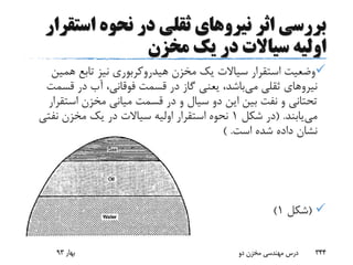 ‫اثر‬ ‫بررسی‬‫نیرو‬‫های‬‫است‬ ‫نحوه‬ ‫در‬ ‫ثقلی‬‫قرار‬
‫مخزن‬ ‫یک‬ ‫در‬ ‫سیاالت‬ ‫اولیه‬
‫همی‬ ‫تابع‬ ‫نیز‬ ‫هیدروکربوری‬ ‫مخزن‬ ‫یک‬ ‫سیاالت‬ ‫استقرار‬ ‫وضعیت‬‫ن‬
‫نیرو‬‫های‬‫می‬ ‫ثقلی‬‫قس‬ ‫در‬ ‫آب‬ ،‫فوقانی‬ ‫قسمت‬ ‫در‬ ‫گاز‬ ‫یعنی‬ ،‫باشد‬‫مت‬
‫است‬ ‫مخزن‬ ‫میانی‬ ‫قسمت‬ ‫در‬ ‫و‬ ‫سیال‬ ‫دو‬ ‫این‬ ‫بین‬ ‫نفت‬ ‫و‬ ‫تحتانی‬‫قرار‬
‫می‬‫یابند‬( .‫شکل‬ ‫در‬1‫نفتی‬ ‫مخزن‬ ‫یک‬ ‫در‬ ‫سیاالت‬ ‫اولیه‬ ‫استقرار‬ ‫نحوه‬
‫است‬ ‫شده‬ ‫داده‬ ‫نشان‬) .
(‫شکل‬1)
‫بهار‬93 ‫دو‬ ‫مخزن‬ ‫مهندسی‬ ‫درس‬ 344
 
