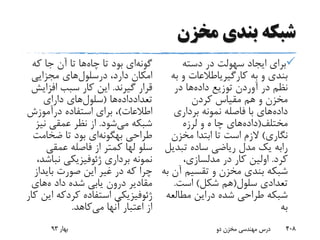 ‫مخزن‬ ‫بندی‬ ‫شبکه‬
‫دسته‬ ‫در‬ ‫سهولت‬ ‫ایجاد‬ ‫برای‬
‫به‬ ‫و‬ ‫بندی‬‫کارگیریاطالعات‬‫ب‬ ‫و‬‫ه‬
‫داده‬ ‫توزیع‬ ‫آوردن‬ ‫در‬ ‫نظم‬‫در‬ ‫ها‬
‫کردن‬ ‫مقیاس‬ ‫هم‬ ‫و‬ ‫مخزن‬
‫داده‬‫برداری‬ ‫نمونه‬ ‫فاصله‬ ‫با‬ ‫های‬
‫مختلف‬(‫داده‬‫های‬‫چا‬‫لرزه‬ ‫و‬ ‫ه‬
‫نگاری‬)‫مخزن‬ ‫ابتدا‬ ‫تا‬ ‫است‬ ‫الزم‬
‫رابه‬‫تبدی‬ ‫ساده‬ ‫ریاضی‬ ‫مدل‬ ‫یک‬‫ل‬
‫کرد‬.،‫مدلسازی‬ ‫در‬ ‫کار‬ ‫اولین‬
‫آ‬ ‫تقسیم‬ ‫و‬ ‫مخزن‬ ‫بندی‬ ‫شبکه‬‫به‬ ‫ن‬
‫سلول‬ ‫تعدادی‬(‫شکل‬ ‫هم‬)‫است‬.
‫شده‬ ‫طراحی‬ ‫شبکه‬‫دراین‬‫مطالع‬‫ه‬
‫به‬
‫گونه‬‫ای‬‫چاه‬ ‫تا‬ ‫بود‬‫که‬ ‫جا‬ ‫آن‬ ‫تا‬ ‫ها‬
،‫دارد‬ ‫امکان‬‫درسلول‬‫های‬‫مجزایی‬
‫گیرند‬ ‫قرار‬.‫افزای‬ ‫سبب‬ ‫کار‬ ‫این‬‫ش‬
‫تعدادداده‬‫ها‬(‫سلول‬‫های‬‫دارای‬
‫اطالعات‬)‫استفاده‬ ‫برای‬ ،‫درآموزش‬
‫می‬ ‫شبکه‬‫شود‬.‫نی‬ ‫عمقی‬ ‫نظر‬ ‫از‬‫ز‬
‫طراحی‬‫بهگونه‬‫ای‬‫ضخامت‬ ‫تا‬ ‫بود‬
‫سلو‬‫لها‬‫عمقی‬ ‫فاصله‬ ‫از‬ ‫کمتر‬
‫برداری‬ ‫نمونه‬‫ژئوفیزیکی‬‫نبا‬،‫شد‬
‫صورت‬ ‫این‬ ‫غیر‬ ‫در‬ ‫که‬ ‫چرا‬‫بایداز‬
‫داد‬ ‫شده‬ ‫یابی‬ ‫درون‬ ‫مقادیر‬‫ه‬‫های‬
‫ژئوفیزیکی‬‫استفاده‬‫کردکه‬‫ا‬‫کار‬ ‫ین‬
‫آنها‬ ‫اعتبار‬ ‫از‬‫می‬‫کاهد‬.
‫بهار‬93 ‫دو‬ ‫مخزن‬ ‫مهندسی‬ ‫درس‬ 408
 