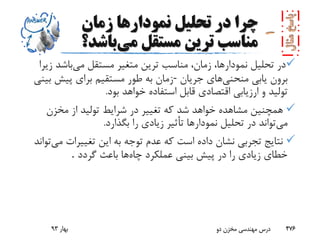 ‫زمان‬ ‫نمودارها‬ ‫تحلیل‬ ‫در‬ ‫چرا‬
‫می‬ ‫مستقل‬ ‫ترین‬ ‫مناسب‬‫باش‬‫د؟‬
‫می‬ ‫مستقل‬ ‫متغیر‬ ‫ترین‬ ‫مناسب‬ ،‫زمان‬ ،‫نمودارها‬ ‫تحلیل‬ ‫در‬‫ز‬ ‫باشد‬‫یرا‬
‫منحنی‬ ‫یابی‬ ‫برون‬‫جریان‬ ‫های‬-‫بینی‬ ‫پیش‬ ‫برای‬ ‫مستقیم‬ ‫طور‬ ‫به‬ ‫زمان‬
‫بود‬ ‫خواهد‬ ‫استفاده‬ ‫قابل‬ ‫اقتصادی‬ ‫ارزیابی‬ ‫و‬ ‫تولید‬.
‫مخزن‬ ‫از‬ ‫تولید‬ ‫شرایط‬ ‫در‬ ‫تغییر‬ ‫که‬ ‫شد‬ ‫خواهد‬ ‫مشاهده‬ ‫همچنین‬
‫می‬‫بگذارد‬ ‫را‬ ‫زیادی‬ ‫تأثیر‬ ‫نمودارها‬ ‫تحلیل‬ ‫در‬ ‫تواند‬.
‫م‬ ‫تغییرات‬ ‫این‬ ‫به‬ ‫توجه‬ ‫عدم‬ ‫که‬ ‫است‬ ‫داده‬ ‫نشان‬ ‫تجربی‬ ‫نتایج‬‫ی‬‫تواند‬
‫چاه‬ ‫عملکرد‬ ‫بینی‬ ‫پیش‬ ‫در‬ ‫را‬ ‫زیادی‬ ‫خطای‬‫گردد‬ ‫باعث‬ ‫ها‬.
‫بهار‬93 ‫دو‬ ‫مخزن‬ ‫مهندسی‬ ‫درس‬ 476
 