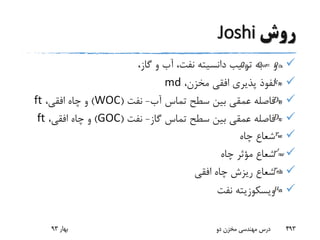 ‫روش‬Joshi
‫و‬ ،=،‫گاز‬ ‫و‬ ‫آب‬ ،‫نفت‬ ‫دانسیته‬ ‫ترتیب‬ ‫به‬
=،‫مخزن‬ ‫افقی‬ ‫پذیری‬ ‫نفوذ‬md
=‫آب‬ ‫تماس‬ ‫سطح‬ ‫بین‬ ‫عمقی‬ ‫فاصله‬-‫نفت‬(WOC)،‫افقی‬ ‫چاه‬ ‫و‬ft
=‫گاز‬ ‫تماس‬ ‫سطح‬ ‫بین‬ ‫عمقی‬ ‫فاصله‬-‫نفت‬(GOC)،‫افقی‬ ‫چاه‬ ‫و‬ft
=‫چاه‬ ‫شعاع‬
=‫چاه‬ ‫مؤثر‬ ‫شعاع‬
=‫افقی‬ ‫چاه‬ ‫ریزش‬ ‫شعاع‬
=‫ویسکوزیته‬‫نفت‬
‫بهار‬93 ‫دو‬ ‫مخزن‬ ‫مهندسی‬ ‫درس‬ 493
 