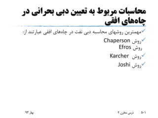 ‫بحران‬ ‫دبی‬ ‫تعیین‬ ‫به‬ ‫مربوط‬ ‫محاسبات‬‫در‬ ‫ی‬
‫چاه‬‫افقی‬ ‫های‬
‫چاه‬ ‫در‬ ‫نفت‬ ‫دبی‬ ‫محاسبه‬ ‫روشهای‬ ‫مهمترین‬‫از‬ ‫عبارتند‬ ‫افقی‬ ‫های‬:
‫روش‬Chaperson
‫روش‬Efros
‫روش‬Karcher
‫روش‬Joshi
‫بهار‬93 ‫مخزن‬ ‫درس‬2 501
 