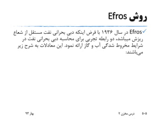 ‫روش‬Efros
Efros‫سال‬ ‫در‬1936‫از‬ ‫مستقل‬ ‫نفت‬ ‫بحرانی‬ ‫دبی‬ ‫اینکه‬ ‫فرض‬ ‫با‬‫شعاع‬
‫نفت‬ ‫بحرانی‬ ‫دبی‬ ‫محاسبه‬ ‫برای‬ ‫تجربی‬ ‫رابطه‬ ‫دو‬ ،‫میباشد‬ ‫ریزش‬‫در‬
‫نمود‬ ‫ارائه‬ ‫گاز‬ ‫و‬ ‫آب‬ ‫شدگی‬ ‫مخروط‬ ‫شرایط‬.‫زی‬ ‫شرح‬ ‫به‬ ‫معادالت‬ ‫این‬‫ر‬
‫می‬‫باشند‬:
‫بهار‬93 ‫مخزن‬ ‫درس‬2 505
 