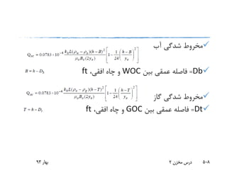‫آب‬ ‫شدگی‬ ‫مخروط‬
Db=‫بین‬ ‫عمقی‬ ‫فاصله‬WOC،‫افقی‬ ‫چاه‬ ‫و‬ft
‫گاز‬ ‫شدگی‬ ‫مخروط‬
Dt=‫بین‬ ‫عمقی‬ ‫فاصله‬GOC،‫افقی‬ ‫چاه‬ ‫و‬ft
‫بهار‬93 ‫مخزن‬ ‫درس‬2 508
 
