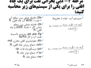 ‫مرحله‬4-‫چا‬ ‫یک‬ ‫برای‬ ‫نفت‬ ‫بحرانی‬ ‫دبی‬‫ه‬
‫سیستم‬ ‫از‬ ‫یکی‬ ‫برای‬ ‫را‬ ‫افقی‬‫مح‬ ‫زیر‬ ‫های‬‫اسبه‬
‫کنید‬:
Db=‫آب‬ ‫سطح‬ ‫بین‬ ‫عمقی‬ ‫فاصله‬
–‫نفت‬(WOC)،‫افقی‬ ‫چاه‬ ‫و‬ft
Dt=‫سطح‬ ‫بین‬ ‫عمقی‬ ‫فاصله‬
‫گاز‬ ‫تماس‬–‫نفت‬(GOC)‫چاه‬ ‫و‬
،‫افقی‬ft
Ρg،ρw،ρo=‫بترتبت‬‫دانسیت‬‫ه‬
‫گاز‬ ‫و‬ ‫آب‬ ،‫نفت‬lb/ft3
kh=،‫مخزن‬ ‫افقی‬ ‫نفوذپذیری‬md
reh=،‫افقی‬ ‫چاه‬ ‫ریزش‬ ‫شعاع‬ft
μo=‫ویسکوزیته‬،‫نفت‬cp
r’w=،‫چاه‬ ‫موثر‬ ‫شعاع‬ft
rw=،‫چاه‬ ‫شعاع‬ft
‫آب‬ ‫سیستم‬-‫نفت‬(‫مخروط‬
‫آب‬ ‫شدگی‬)
‫نفت‬ ‫سیستم‬-‫گاز‬(‫مخروط‬
‫گاز‬ ‫شدگی‬)
‫بهار‬93 ‫مخزن‬ ‫درس‬2 513
 