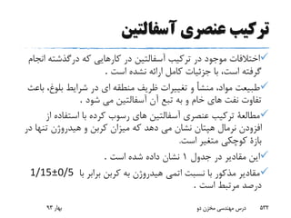 ‫آسفالتین‬ ‫عنصرى‬ ‫ترکیب‬
‫در‬ ‫آسفالتین‬ ‫ترکیب‬ ‫در‬ ‫موجود‬ ‫اختالفات‬‫درگذشت‬ ‫که‬ ‫کارهایى‬‫انجام‬ ‫ه‬
‫است‬ ‫نشده‬ ‫ارائه‬ ‫کامل‬ ‫جزئیات‬ ‫با‬ ،‫است‬ ‫گرفته‬.
‫منشأ‬ ،‫مواد‬ ‫طبیعت‬‫و‬‫منطقه‬ ‫ظریف‬ ‫تغییرات‬‫باعث‬ ،‫بلوغ‬ ‫شرایط‬ ‫در‬ ‫اى‬
‫شود‬ ‫مى‬ ‫آسفالتین‬ ‫آن‬ ‫تبع‬ ‫به‬ ‫و‬ ‫خام‬ ‫هاى‬ ‫نفت‬ ‫تفاوت‬.
‫استفاده‬ ‫با‬ ‫کرده‬ ‫رسوب‬ ‫هاى‬ ‫آسفالتین‬ ‫عنصرى‬ ‫ترکیب‬ ‫مطالعة‬‫از‬
‫تنها‬ ‫هیدروژن‬ ‫و‬ ‫کربن‬ ‫میزان‬ ‫که‬ ‫دهد‬ ‫مى‬ ‫نشان‬ ‫هپتان‬ ‫نرمال‬ ‫افزودن‬‫در‬
‫است‬ ‫متغیر‬ ‫کوچکى‬ ‫بازة‬.
‫جدول‬ ‫در‬ ‫مقادیر‬ ‫این‬1‫است‬ ‫شده‬ ‫داده‬ ‫نشان‬.
‫با‬ ‫برابر‬ ‫کربن‬ ‫به‬ ‫هیدروژن‬ ‫اتمى‬ ‫نسبت‬ ‫با‬ ‫مذکور‬ ‫مقادیر‬1/15±0/5
‫است‬ ‫مرتبط‬ ‫درصد‬.
‫بهار‬93 ‫دو‬ ‫مخزن‬ ‫مهندسی‬ ‫درس‬ 532
 