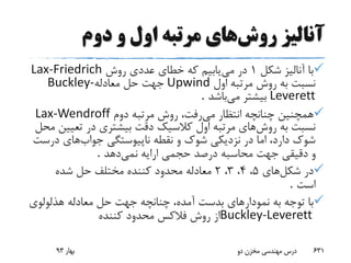 ‫روش‬ ‫آنالیز‬‫دوم‬ ‫و‬ ‫اول‬ ‫مرتبه‬ ‫های‬
‫شکل‬ ‫آنالیز‬ ‫با‬1‫می‬ ‫در‬‫روش‬ ‫عددی‬ ‫خطای‬ ‫که‬ ‫یابیم‬Lax-Friedrich
‫اول‬ ‫مرتبه‬ ‫روش‬ ‫به‬ ‫نسبت‬Upwind‫معادله‬ ‫حل‬ ‫جهت‬Buckley-
Leverett‫می‬ ‫بیشتر‬‫باشد‬.
‫می‬ ‫انتظار‬ ‫چنانچه‬ ‫همچنین‬‫دوم‬ ‫مرتبه‬ ‫روش‬ ،‫رفت‬Lax-Wendroff
‫روش‬ ‫به‬ ‫نسبت‬‫تعیی‬ ‫در‬ ‫بیشتری‬ ‫دقت‬ ‫کالسیک‬ ‫اول‬ ‫مرتبه‬ ‫های‬‫محل‬ ‫ن‬
‫جواب‬ ‫ناپیوستگی‬ ‫نقطه‬ ‫و‬ ‫شوک‬ ‫نزدیکی‬ ‫در‬ ‫اما‬ ،‫دارد‬ ‫شوک‬‫درس‬ ‫های‬‫ت‬
‫نمی‬ ‫ارایه‬ ‫حجمی‬ ‫درصد‬ ‫محاسبه‬ ‫جهت‬ ‫دقیقی‬ ‫و‬‫دهد‬.
‫شکل‬ ‫در‬‫های‬5،4،3،2‫شده‬ ‫حل‬ ‫مختلف‬ ‫کننده‬ ‫محدود‬ ‫معادله‬
‫است‬.
‫نمودار‬ ‫به‬ ‫توجه‬ ‫با‬‫هذلولوی‬ ‫معادله‬ ‫حل‬ ‫جهت‬ ‫چنانچه‬ ،‫آمده‬ ‫بدست‬ ‫های‬
Buckley-Leverett‫کننده‬ ‫محدود‬ ‫فالکس‬ ‫روش‬ ‫از‬
‫بهار‬93 ‫دو‬ ‫مخزن‬ ‫مهندسی‬ ‫درس‬ 631
 