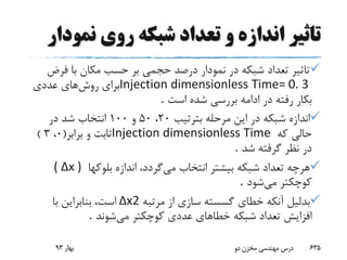 ‫نمو‬ ‫روی‬ ‫شبکه‬ ‫تعداد‬ ‫و‬ ‫اندازه‬ ‫تاثیر‬‫دار‬
‫فرض‬ ‫با‬ ‫مکان‬ ‫حسب‬ ‫بر‬ ‫حجمی‬ ‫درصد‬ ‫نمودار‬ ‫در‬ ‫شبکه‬ ‫تعداد‬ ‫تاثیر‬
Injection dimensionless Time= 0. 3‫روش‬ ‫برای‬‫عددی‬ ‫های‬
‫است‬ ‫شده‬ ‫بررسی‬ ‫ادامه‬ ‫در‬ ‫رفته‬ ‫بکار‬.
‫بترتیب‬ ‫مرحله‬ ‫این‬ ‫در‬ ‫شبکه‬ ‫اندازه‬20،50‫و‬100‫در‬ ‫شد‬ ‫انتخاب‬
‫که‬ ‫حالی‬Injection dimensionless Time‫برابر‬ ‫و‬ ‫ثابت‬(0،3)
‫شد‬ ‫گرفته‬ ‫نظر‬ ‫در‬.
‫می‬ ‫انتخاب‬ ‫بیشتر‬ ‫شبکه‬ ‫تعداد‬ ‫هرچه‬‫بلوکها‬ ‫اندازه‬ ،‫گردد‬( Δx )
‫می‬ ‫کوچکتر‬‫شود‬.
‫مرتبه‬ ‫از‬ ‫سازی‬ ‫گسسته‬ ‫خطای‬ ‫آنکه‬ ‫بدلیل‬Δx2‫با‬ ‫بنابراین‬ ،‫است‬
‫می‬ ‫کوچکتر‬ ‫عددی‬ ‫خطاهای‬ ‫شبکه‬ ‫تعداد‬ ‫افزایش‬‫شوند‬.
‫بهار‬93 ‫دو‬ ‫مخزن‬ ‫مهندسی‬ ‫درس‬ 635
 