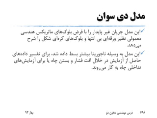 ‫سوان‬ ‫دی‬ ‫مدل‬
‫فرض‬ ‫با‬ ‫را‬ ‫پایدار‬ ‫غیر‬ ‫جریان‬ ‫مدل‬ ‫این‬‫بلوک‬‫های‬‫ماتریکس‬‫هندسی‬
‫نظیر‬ ‫معمولی‬‫ورقه‬‫ای‬‫و‬ ‫انتها‬ ‫بی‬‫بلوک‬‫های‬‫کره‬‫ای‬‫شرح‬ ‫را‬ ‫شکل‬
‫می‬‫دهد‬.
‫وسیله‬ ‫به‬ ‫مدل‬ ‫این‬‫ناجوریتا‬‫تفس‬ ‫برای‬ ،‫شد‬ ‫داده‬ ‫بسط‬ ‫بیشتر‬‫داده‬ ‫یر‬‫های‬
‫برای‬ ‫یا‬ ‫چاه‬ ‫بستن‬ ‫و‬ ‫فشار‬ ‫افت‬ ‫خالل‬ ‫در‬ ‫آزمایش‬ ‫از‬ ‫حاصل‬‫آزمایش‬‫ها‬‫ی‬
‫کار‬ ‫به‬ ‫چاه‬ ‫تداخلی‬‫می‬‫روند‬.
‫بهار‬93 ‫دو‬ ‫مخزن‬ ‫مهندسی‬ ‫درس‬ 698
 