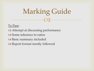 
To Pass:
 Attempt at discussing performance
 Some reference to ratios
 Basic summary included
 Report format mostly followed
Marking Guide
 