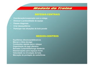 DEFESAS-CENTRAIS
•   Coordenação/cooperação com o colega
•   Diminuir a profundidade da equipa
•   Passes diagonais
•   Cr...