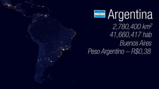 Argentina
2,780,400 km2
41,660,417 hab
Peso Argentino – R$0,38
Buenos Aires
 
