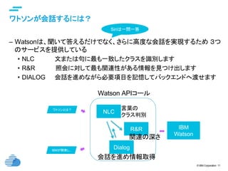 © IBM Corporation 11
text
ワトソンが会話するには？	
–  Watsonは、聞いて答えるだけでなく、さらに高度な会話を実現するため ３つ
のサービスを提供している
•  NLC 文または句に最も一致したクラスを識別します
•  R&R　　　　　照会に対して最も関連性がある情報を見つけ出します
•  DIALOG 会話を進めながら必要項目を記憶してバックエンドへ渡せます
ワトソンとは？
IBMが開発し..
IBM
Watson
NLC
R&R
Dialog
Watson APIコール	
Siriは一問一答	
言葉の
クラス判別
関連の深さ
会話を進め情報取得
 