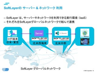 © IBM Corporation 18
text
SoftLayerの サーバー & ネットワーク 利用	
–  SoftLayer は、サーバーやネットワークを利用できる実行環境 （IaaS）
–  それぞれをSoftLayerグローバルネットワークで結んで連携
Server	
北米西海岸	 北米中部	日本・東京	
SoftLayer グローバルネットワーク	
コグ端末	
 