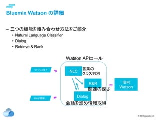 © IBM Corporation 24
text
Bluemix Watson の詳細	
–  三つの機能を組み合わせ方法をご紹介
•  Natural Language Classifier
•  Dialog
•  Retrieve & Rank
ワトソンとは？
IBMが開発し..
IBM
Watson
NLC
R&R
Dialog
Watson APIコール	
言葉の
クラス判別
関連の深さ
会話を進め情報取得
 
