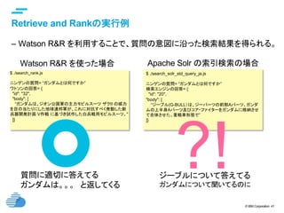 © IBM Corporation 41
text
Retrieve and Rankの実行例	
–  Watson R&R を利用することで、質問の意図に沿った検索結果を得られる。
$ ./search_rank.js
ニンゲンの質問= “ガンダムとは何ですか”
ワトソンの回答= {
"id": "32",
"body": [
“ガンダムは、ジオン公国軍の主力モビルスーツ ザクII の威力
を目の当たりにした地球連邦軍が、これに対抗すべく発動した新
兵器開発計画 V作戦 に基づき試作した白兵戦用モビルスーツ。"
]}	
$ ./search_solr_std_query_ja.js
ニンゲンの質問= “ガンダムとは何ですか”	
検索エンジンの回答= {
"id": "20",
"body": [
“ジーブル(G-BULL）は、ジーパーツの前部Aパーツ、ガンダ
ムの上半身Aパーツ及びコア・ファイターをガンダムに格納させ
て合体させた、重戦車形態で”
]}	
Watson R&R を使った場合	 Apache Solr の索引検索の場合	
?!	質問に適切に答えてる
ガンダムは。。。　と返してくる	
ジーブルについて答えてる
ガンダムについて聞いてるのに	
 
