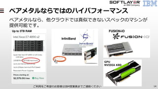 14
ベアメタルならではのハイパフォーマンス
ベアメタルなら、他クラウドでは真似できないスペックのマシンが
提供可能です。
ご利用をご希望のお客様はIBM営業員までご連絡ください
GPU
NVIDIA K80
 
