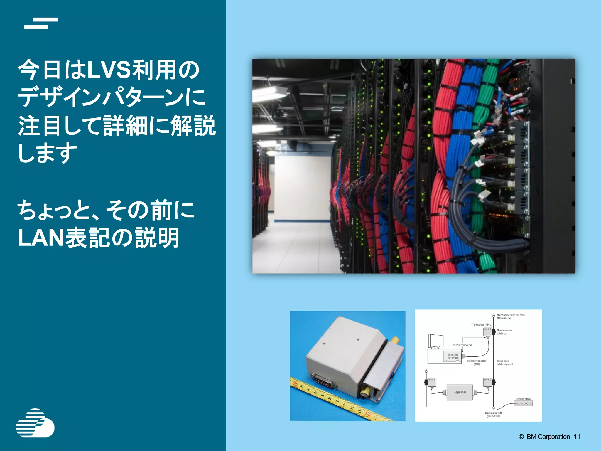 © IBM Corporation 11© IBM Corporation 11
今日はLVS利用の
デザインパターンに
注目して詳細に解説
します
ちょっと、その前に
LAN表記の説明	
 