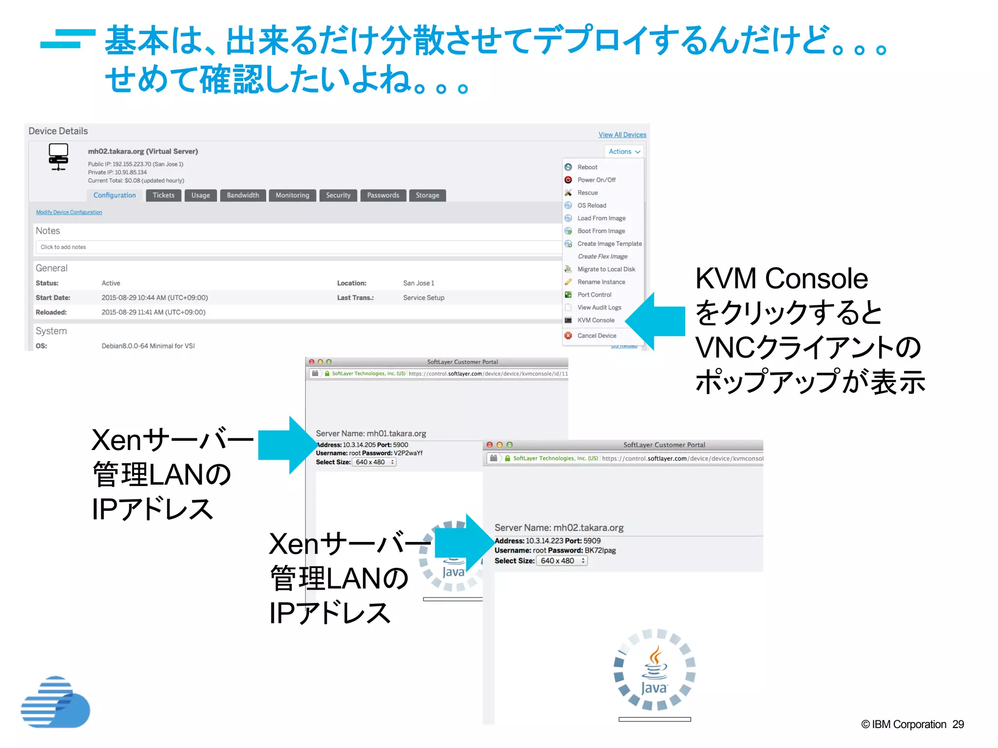 © IBM Corporation 29
基本は、出来るだけ分散させてデプロイするんだけど。。。
せめて確認したいよね。。。	
Xenサーバー
管理LANの
IPアドレス	
Xenサーバー
管理LANの
IPアドレス	
KVM Console
をクリックすると
VNCクライアントの
ポップアップが表示
 