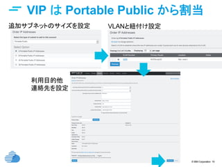 © IBM Corporation 19
VIP は Portable Public から割当	
追加サブネットのサイズを設定	
 VLANと紐付け設定	
利用目的他
連絡先を設定
 