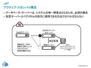 © IBM Corporation 32
text
アクティブ・スタンバイ構成	
–  データベース・サーバーは、システムの単一障害点となるため、必須の構成
–  仮想サーバーとベアメタルの両方に適用できる方法でなければならない	
MySQLサーバー	
待機サーバー	
相互監視
VIP	
VIP	
WebAPサーバー
障害時は、VIPが
移動する事によって
クライアントは
処理を継続できる	
iSCSI
(エンデュランス・ストレージ,
パフォーマンス・ストレージ)
データ領域
主サーバー	
 
