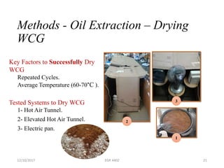 Methods - Oil Extraction – Drying
WCG
12/10/2017 EGR 4402 21
Key Factors to Successfully Dry
WCG
Repeated Cycles.
Average Temperature (60-70°C ).
2
3
1
Tested Systems to Dry WCG
1- Hot Air Tunnel.
2- Elevated Hot Air Tunnel.
3- Electric pan.
 