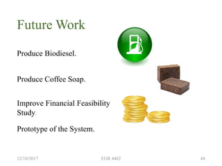Future Work
Produce Biodiesel.
12/10/2017 EGR 4402 44
Produce Coffee Soap.
Improve Financial Feasibility
Study.
Prototype of the System.
 