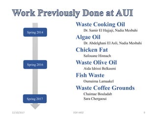 Waste Cooking Oil
Dr. Samir El Hajjaji, Nadia Mesbahi
Algae Oil
Dr. Abdelghani El Asli, Nadia Mesbahi
Chicken Fat
Safouane Hinnach
Waste Olive Oil
Aida Idrissi Belkasmi
Fish Waste
Oumaima Lamaakel
Waste Coffee Grounds
Chaimae Bouladab
Sara Chergaoui
12/10/2017 EGR 4402 9
Spring 2014
Spring 2016
Spring 2017
 