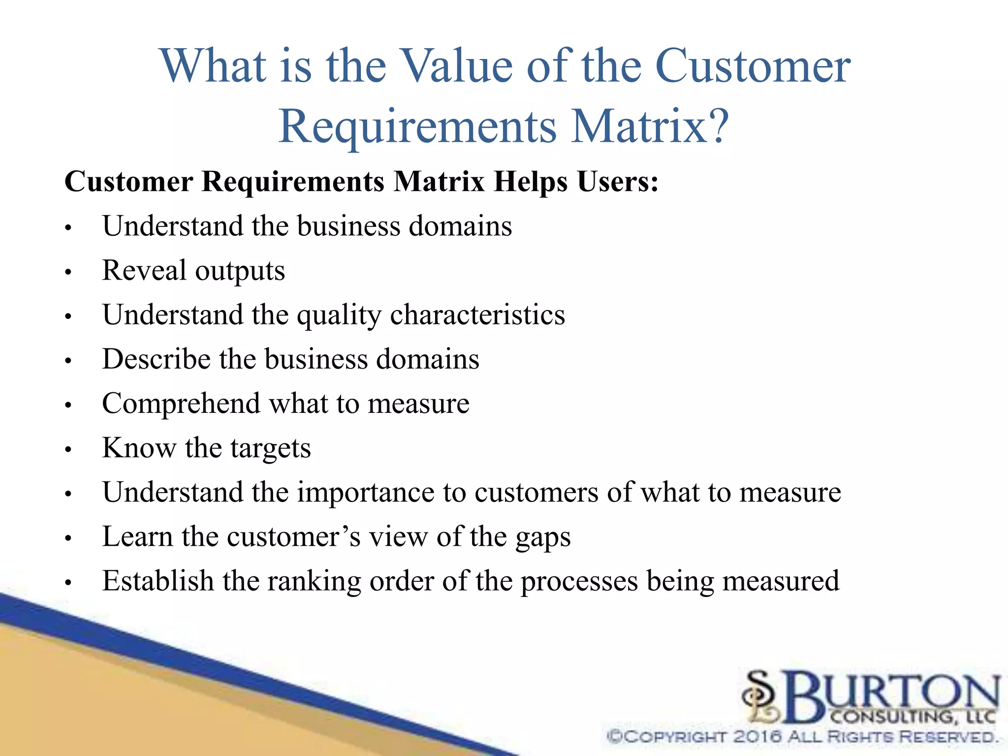 What is the Value of the Customer
Requirements Matrix?
Customer Requirements Matrix Helps Users:
• Understand the business domains
• Reveal outputs
• Understand the quality characteristics
• Describe the business domains
• Comprehend what to measure
• Know the targets
• Understand the importance to customers of what to measure
• Learn the customer’s view of the gaps
• Establish the ranking order of the processes being measured
 
