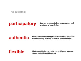 The outcome:



participatory            Learner centric: student as consumer and
                         producer of knowledge




               Assessment of learning grounded in reality: outcome
authentic      driven learning; learning that lasts beyond the test




flexible       Multi-modal in format: catering to different learning
               styles and different life styles
 