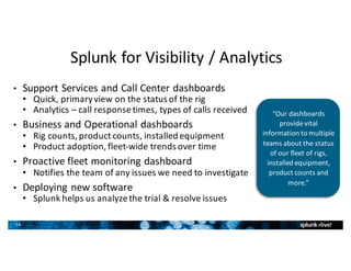 14
Splunk for	Visibility	/	Analytics
• Support	Services	and	Call	Center	dashboards
• Quick,	primary	view	on	the	status	of	the	rig
• Analytics	– call	response	times,	types	of	calls	received
• Business	and	Operational	dashboards
• Rig	counts,	product	counts,	installed	equipment
• Product	adoption,	fleet-wide	trends	over	time
• Proactive	fleet	monitoring	dashboard
• Notifies	the	team	of	any	issues	we	need	to	investigate
• Deploying	new	software
• Splunk	helps	us	analyze	the	trial	&	resolve	issues
“Our	dashboards	
provide	vital	
information	to	multiple	
teams	about	the	status	
of	our	fleet	of	rigs,	
installed	equipment,	
product	counts	and	
more.”
 