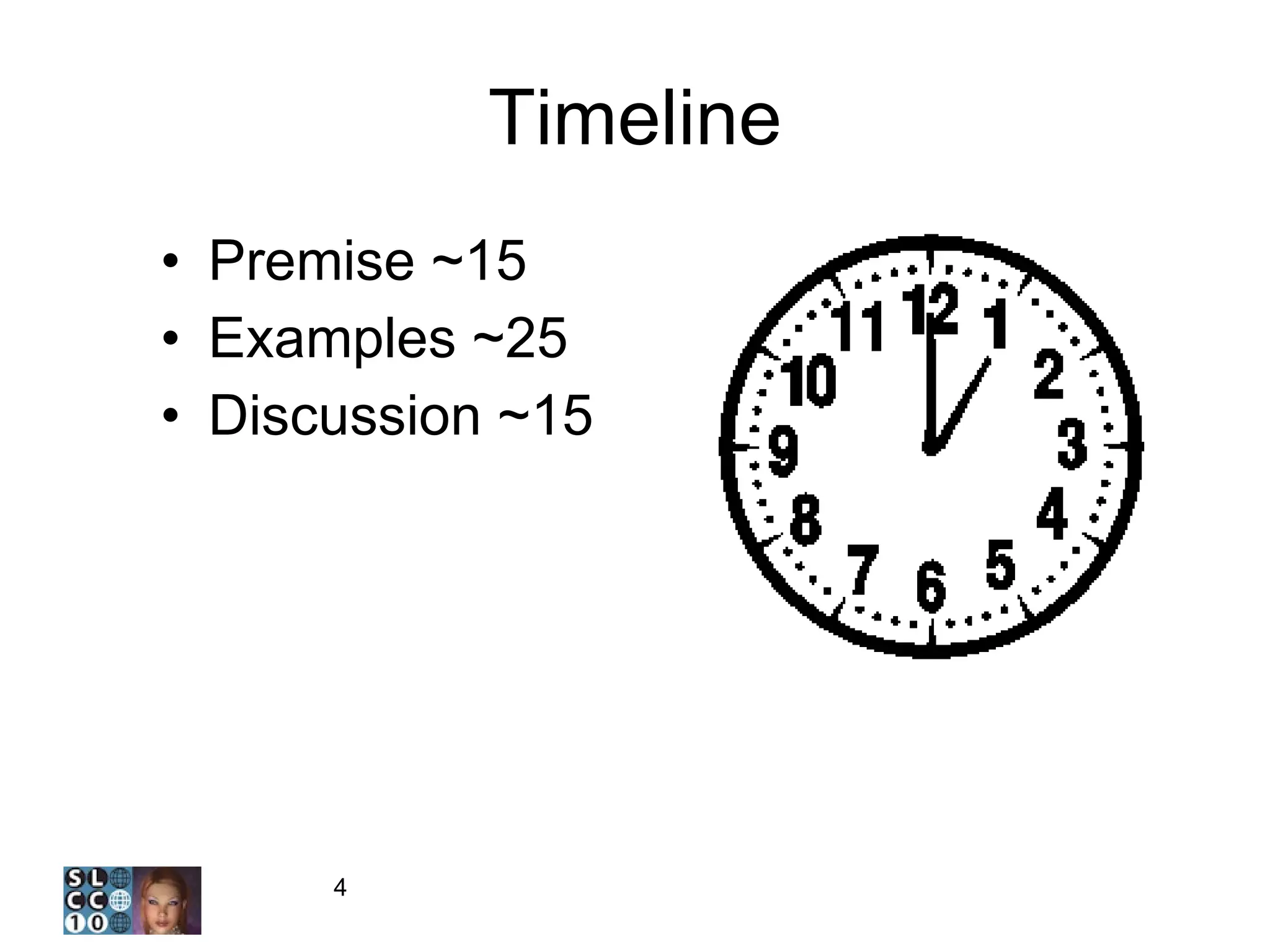Timeline Premise ~15 Examples ~25 Discussion ~15 