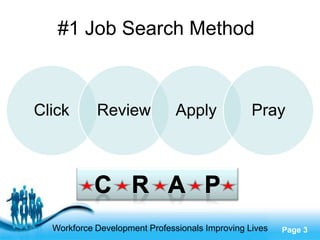 #1 Job Search Method



Click       Review             Apply             Pray




                  Free Powerpoint Templates
  Workforce Development Professionals Improving Lives   Page 3
 