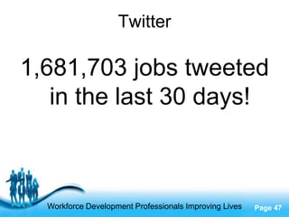 Twitter

1,681,703 jobs tweeted
   in the last 30 days!



                  Free Powerpoint Templates
  Workforce Development Professionals Improving Lives   Page 47
 