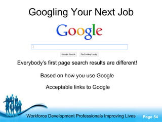Googling Your Next Job



Everybody’s first page search results are different!

          Based on how you use Google

             Acceptable links to Google



                    Free Powerpoint Templates
    Workforce Development Professionals Improving Lives   Page 54
 