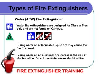 Water (APW) Fire Extinguisher
FIRE EXTINGUISHER TRAINING
Types of Fire Extinguishers
Water fire extinguishers are designed for Class A fires
only and are not found on Campus.
•Using water on a flammable liquid fire may cause the
fire to spread.
•Using water on an electrical fire increases the risk of
electrocution. Do not use water on an electrical fire.
 