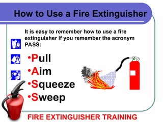 It is easy to remember how to use a fire
extinguisher if you remember the acronym
PASS:
FIRE EXTINGUISHER TRAINING
How to Use a Fire Extinguisher
•Pull
•Aim
•Squeeze
•Sweep
 