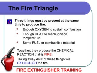 Three things must be present at the same
time to produce fire:
 Enough OXYGEN to sustain combustion
 Enough HEAT to reach ignition
temperature.
 Some FUEL or combustible material
Together, they produce the CHEMICAL
REACTION that is FIRE.
Taking away ANY of these things will
EXTINGUISH the fire.
FIRE EXTINGUISHER TRAINING
The Fire Triangle
 