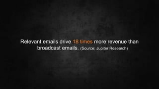 #SLCHUG
Relevant emails drive 18 times more revenue than
broadcast emails. (Source: Jupiter Research)
 