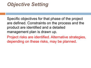 Objective Setting
Specific objectives for that phase of the project
are defined. Constraints on the process and the
product are identified and a detailed
management plan is drawn up.
Project risks are identified. Alternative strategies,
depending on these risks, may be planned.
 
