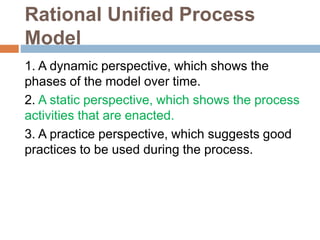 Rational Unified Process
Model
1. A dynamic perspective, which shows the
phases of the model over time.
2. A static perspective, which shows the process
activities that are enacted.
3. A practice perspective, which suggests good
practices to be used during the process.
 