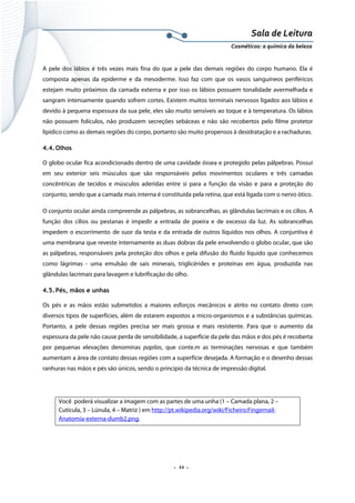 Sala de Leitura 
Cosméticos: a química da beleza 

A pele dos lábios é três vezes mais fina do que a pele das demais regiões do corpo humano. Ela é
composta apenas da epiderme e da mesoderme. Isso faz com que os vasos sanguíneos periféricos
estejam muito próximos da camada externa e por isso os lábios possuem tonalidade avermelhada e
sangram intensamente quando sofrem cortes. Existem muitos terminais nervosos ligados aos lábios e
devido à pequena espessura da sua pele, eles são muito sensíveis ao toque e à temperatura. Os lábios
não possuem folículos, não produzem secreções sebáceas e não são recobertos pelo filme protetor
lipídico como as demais regiões do corpo, portanto são muito propensos à desidratação e a rachaduras.
4.4. Olhos
O globo ocular fica acondicionado dentro de uma cavidade óssea e protegido pelas pálpebras. Possui
em seu exterior seis músculos que são responsáveis pelos movimentos oculares e três camadas
concêntricas de tecidos e músculos aderidas entre si para a função da visão e para a proteção do
conjunto, sendo que a camada mais interna é constituída pela retina, que está ligada com o nervo ótico.
O conjunto ocular ainda compreende as pálpebras, as sobrancelhas, as glândulas lacrimais e os cílios. A
função dos cílios ou pestanas é impedir a entrada de poeira e de excesso da luz. As sobrancelhas
impedem o escorrimento de suor da testa e da entrada de outros líquidos nos olhos. A conjuntiva é
uma membrana que reveste internamente as duas dobras da pele envolvendo o globo ocular, que são
as pálpebras, responsáveis pela proteção dos olhos e pela difusão do fluido líquido que conhecemos
como lágrimas - uma emulsão de sais minerais, triglicérides e proteínas em água, produzida nas
glândulas lacrimais para lavagem e lubrificação do olho.
4.5. Pés, mãos e unhas
Os pés e as mãos estão submetidos a maiores esforços mecânicos e atrito no contato direto com
diversos tipos de superfícies, além de estarem expostos a micro-organismos e a substâncias químicas.
Portanto, a pele dessas regiões precisa ser mais grossa e mais resistente. Para que o aumento da
espessura da pele não cause perda de sensibilidade, a superfície da pele das mãos e dos pés é recoberta
por pequenas elevações denominas papilas, que conte.m as terminações nervosas e que também
aumentam a área de contato dessas regiões com a superfície desejada. A formação e o desenho dessas
ranhuras nas mãos e pés são únicos, sendo o princípio da técnica de impressão digital.

Você poderá visualizar a imagem com as partes de uma unha (1 – Camada plana, 2 –
Cutícula, 3 – Lúnula, 4 – Matriz ) em http://pt.wikipedia.org/wiki/Ficheiro:FingernailAnatomia-externa-dumb2.png.

.  11 . 

 