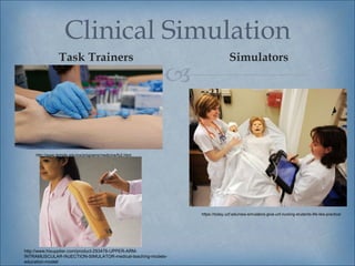 Clinical Simulation
                Task Trainers                                                  Simulators
                                                           

    http://www.temple.edu/ics/programs/medicine/fy2.html




                                                               https://today.ucf.edu/new-simulators-give-ucf-nursing-students-life-like-practice/




http://www.hisupplier.com/product-293478-UPPER-ARM-
INTRAMUSCULAR-INJECTION-SIMULATOR-medical-teaching-models-
education-model/
 