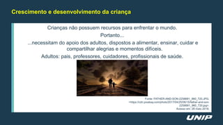 Crescimento e desenvolvimento da criança
Crianças não possuem recursos para enfrentar o mundo.
Portanto...
...necessitam do apoio dos adultos, dispostos a alimentar, ensinar, cuidar e
compartilhar alegrias e momentos difíceis.
Adultos: pais, professores, cuidadores, profissionais de saúde.
Fonte: FATHER-AND-SON-2258681_960_720.JPG.
<https://cdn.pixabay.com/photo/2017/04/25/06/15/father-and-son-
2258681_960_720.jpg>.
Acesso em: 28 maio 2018.
 
