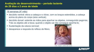 Avaliação do desenvolvimento – período lactente
de 29 dias a 2 anos de idade
16 semanas (4º mês)
 decúbito ventral: eleva a cabeça e o tórax, com os braços estendidos, a cabeça
acima do plano do corpo (eixo vertical);
 decúbito dorsal: estende as mãos para apanhar os objetos, conseguindo pegá-los;
Trás os objetos até a boca; quando o objeto cai não consegue apanhá-lo;
 Sustentação da coluna cervical;
 desaparece a resposta do reflexo de Moro;
Foto: Imagem cedida pela autora
 