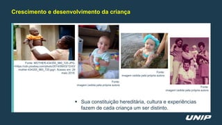 Crescimento e desenvolvimento da criança
 Sua constituição hereditária, cultura e experiências
fazem de cada criança um ser distinto.
Fonte: MOTHER-434355_960_720.JPG.
<https://cdn.pixabay.com/photo/2014/09/03/12/43/
mother-434355_960_720.jpg>. Acesso em: 28
maio 2018.
Fonte:
imagem cedida pela própria autora
Fonte:
imagem cedida pela própria autora
Fonte:
imagem cedida pela própria autora
 